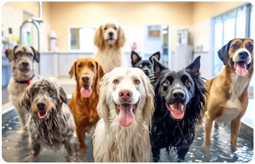 A group of dogs standing in a room.